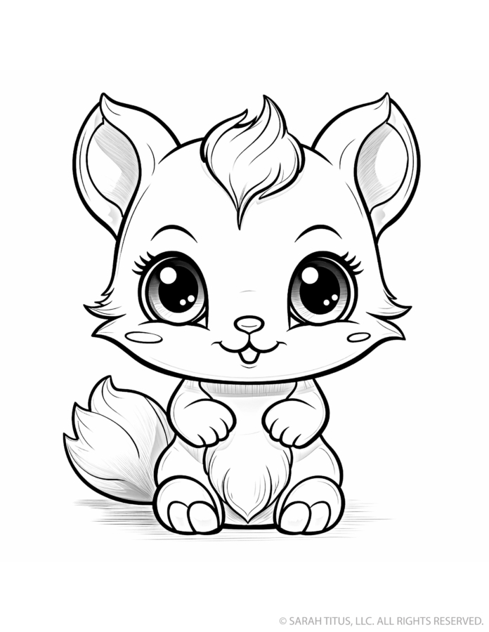 Cute squirrel coloring page with a seated baby squirrel, large pointed ears, round sparkling eyes, tiny paws and a fluffy curved tail