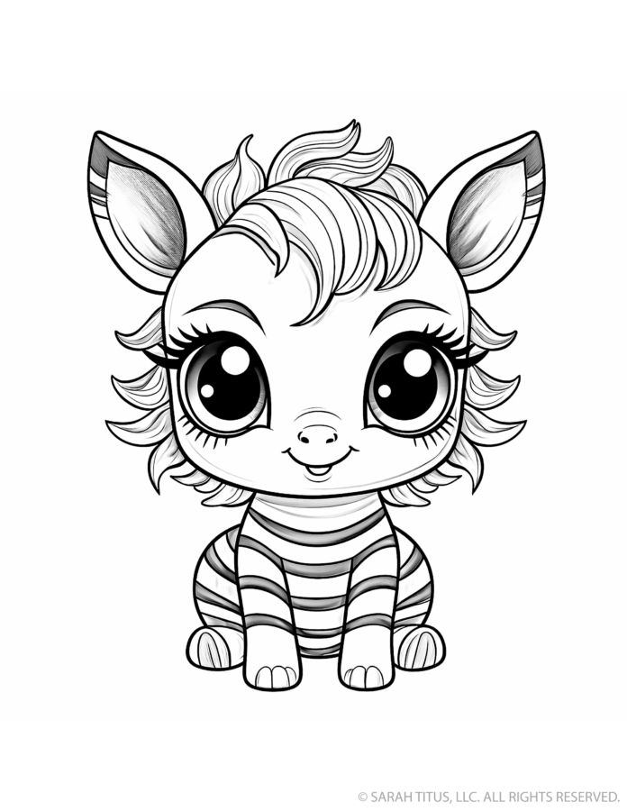 Cute zebra coloring page with a seated baby zebra, bold body stripes, oversized ears, fluffy striped mane and enormous cartoon eyes