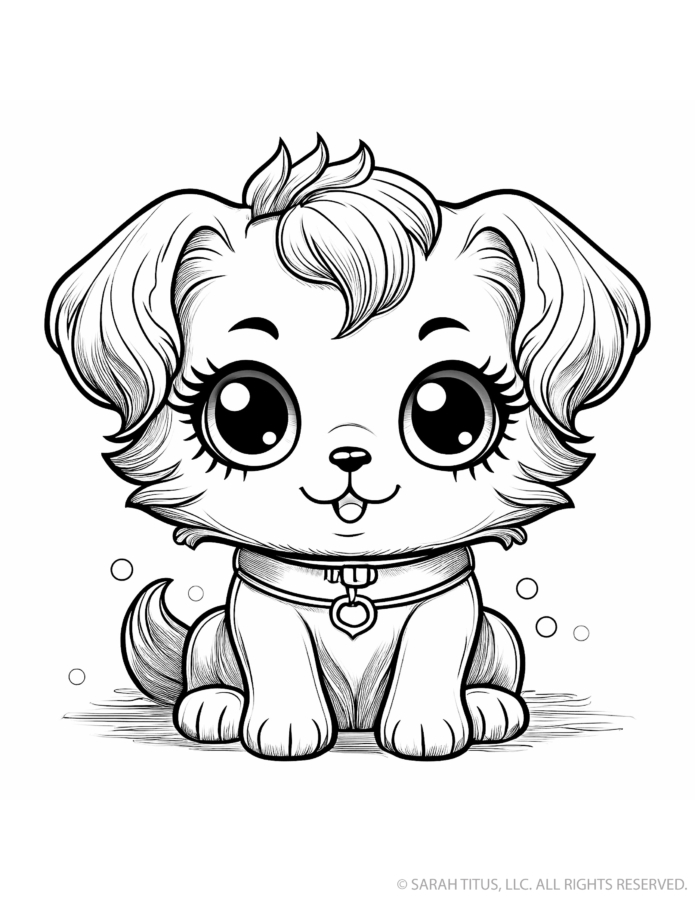 Cute dog coloring page with a fluffy seated puppy, long floppy ears, tousled forehead fur, heart-shaped collar tag, fluffy tail and huge eyes
