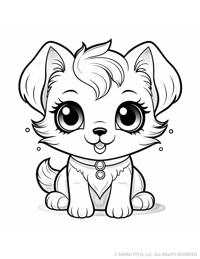 Cute puppy coloring page with a seated baby dog, oversized floppy ears, fluffy forehead curl, round collar tags, curled tail and huge sparkling eyes