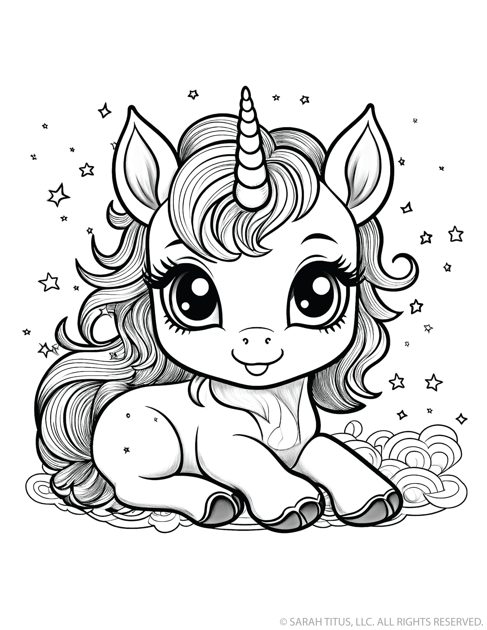 Playful Unicorn Sitting on Swirly Clouds