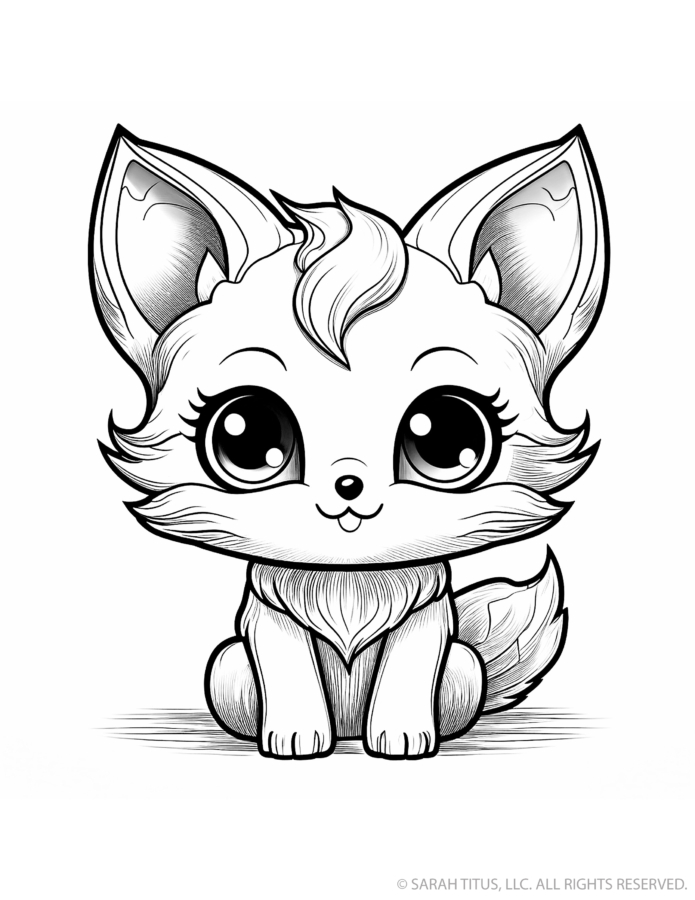 Cute fox coloring page with a seated baby fox, enormous pointed ears, fluffy cheeks and chest, big sparkling eyes and a bushy curled tail