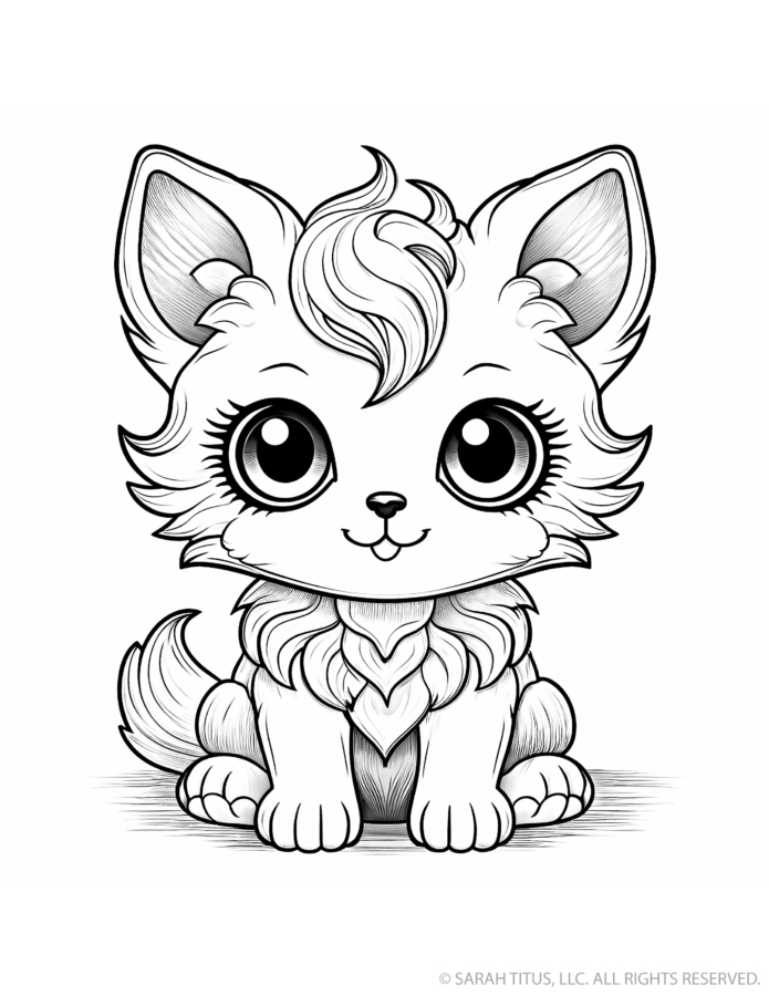 Woodland wolf coloring page with a seated baby wolf, pointed ears, oversized eyes, tousled forehead fur, layered chest fluff and bushy tail
