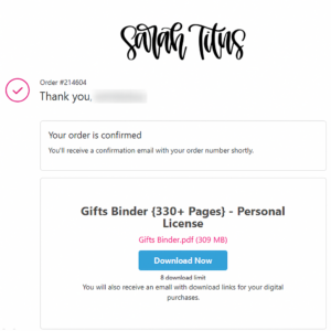 Gift Binder Order Processed Page