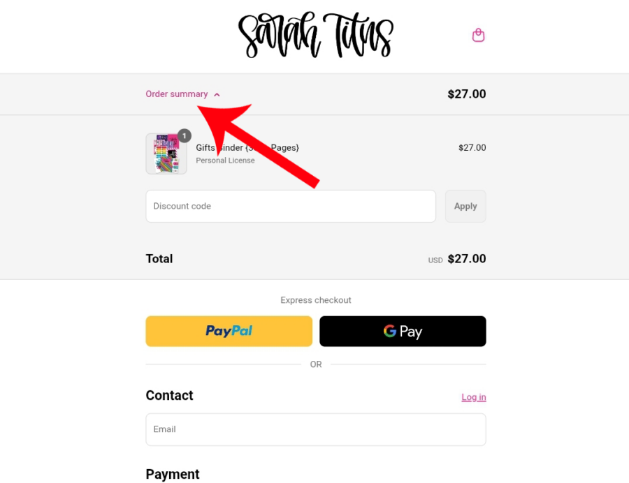 Gift Binder Order Summary for Discount on Mobile