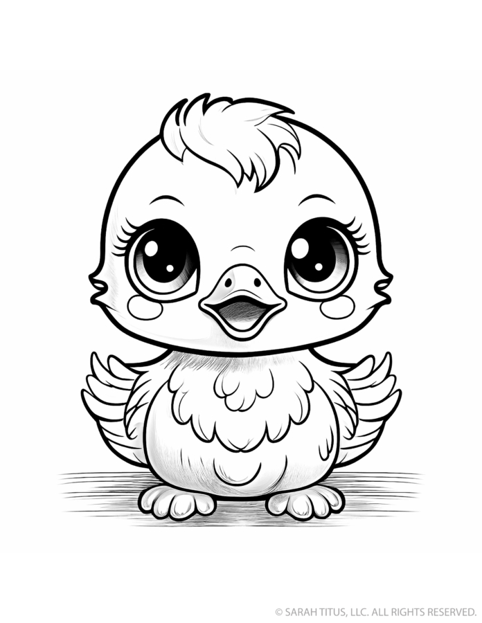 Cute chick coloring page with a fluffy baby chicken, open smiling beak, wings stretched outward, tiny feathered feet and enormous sparkling eyes