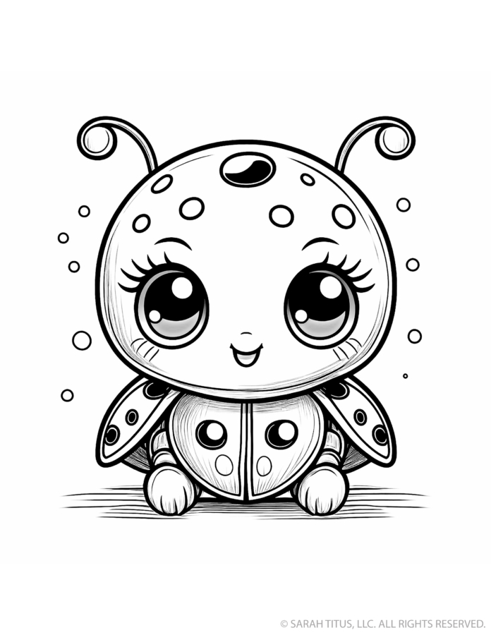 Adorable ladybug coloring page with a smiling baby ladybug, curled antennae, spotted wings, oversized eyes and floating dots