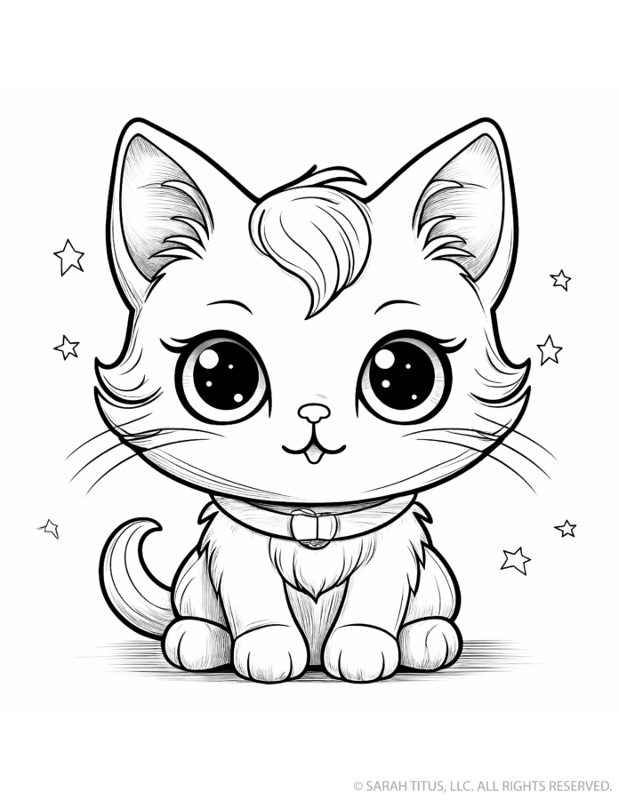 Cute kitten coloring page with a seated baby cat, pointed ears, long whiskers, collar, curled tail and outlined stars scattered around it