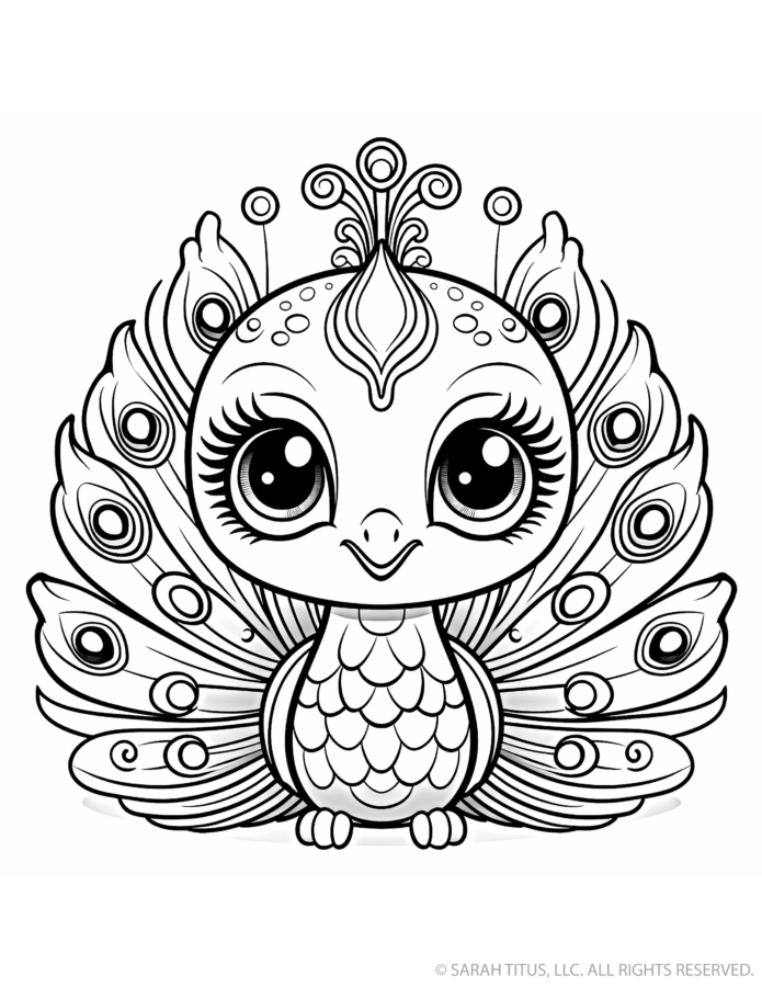 Peacock coloring page with a wide-eyed baby peacock, ornate feather crest and a dramatic fanned tail filled with detailed eye-feather patterns
