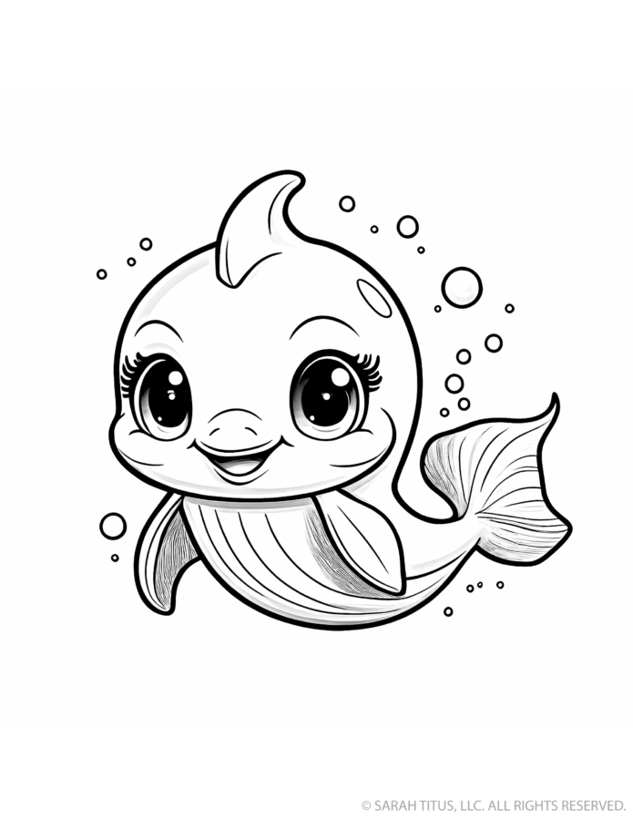 Ocean animal coloring page with a smiling baby dolphin, huge sparkling eyes, curved dorsal fin, flippers, sweeping tail and underwater bubbles