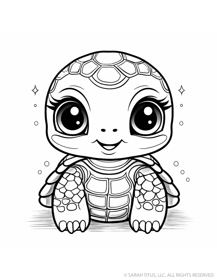 Cute turtle coloring page with a front-facing baby turtle, enormous sparkling eyes, detailed segmented shell, textured legs and tiny sparkles