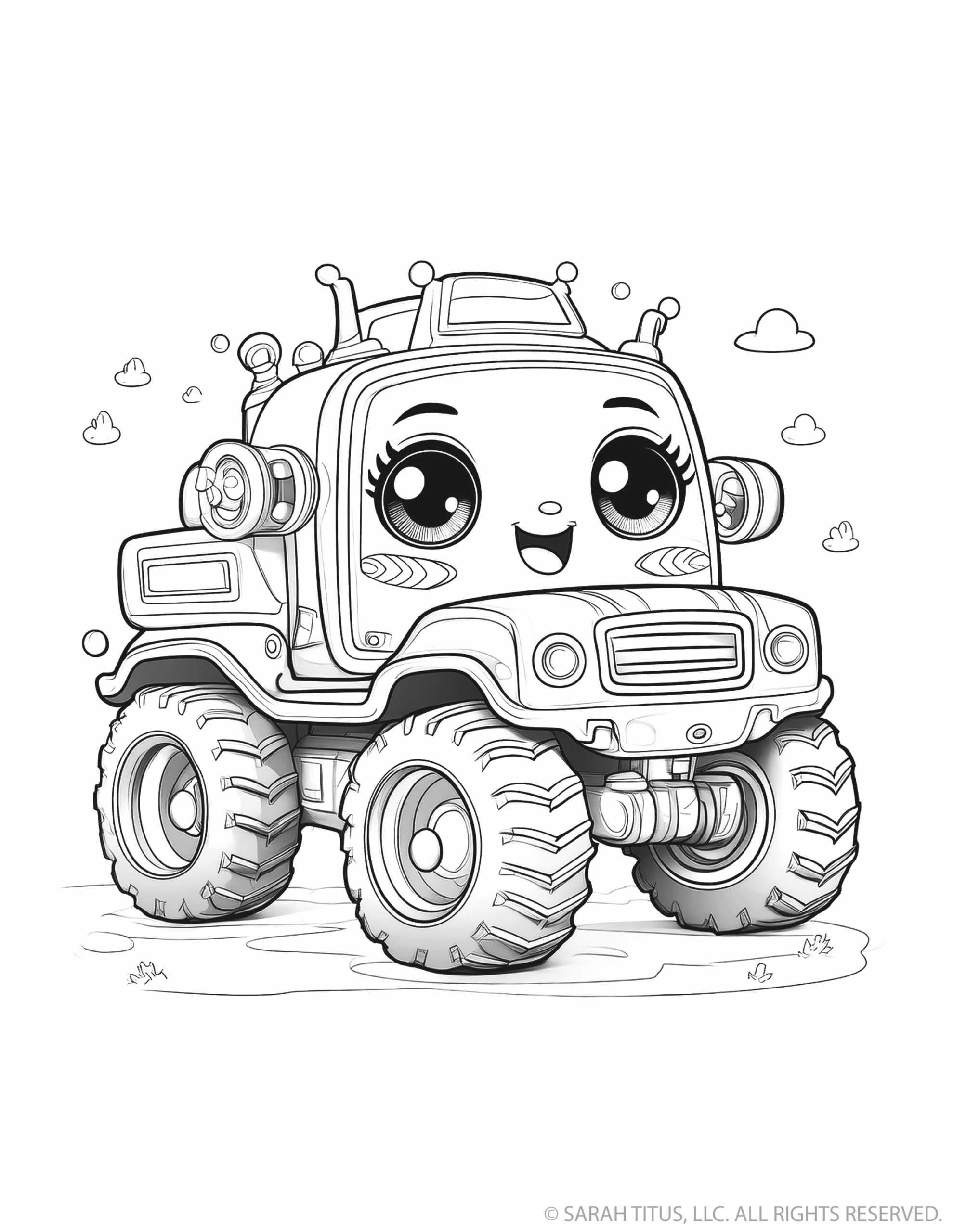 Smiling Monster Truck with Pattern Cheeks and Clouds