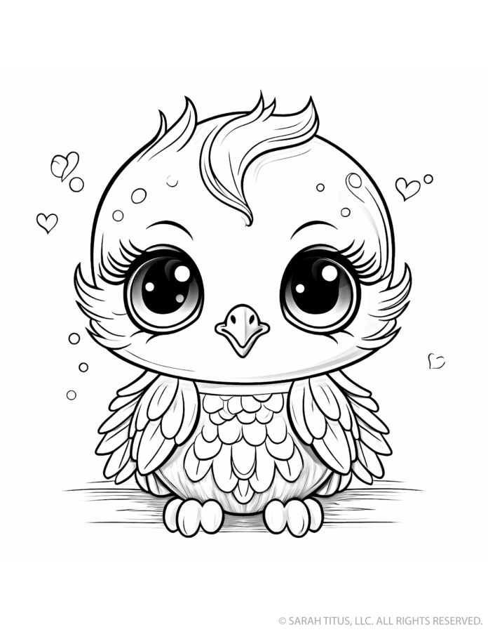 Cute baby bird coloring page with a fluffy round bird, layered feathers, enormous sparkling eyes and little hearts floating around it