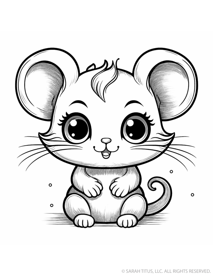 Cute mouse coloring page with a seated baby mouse, enormous round ears, long whiskers, tiny paws, curled tail and big sparkling eyes