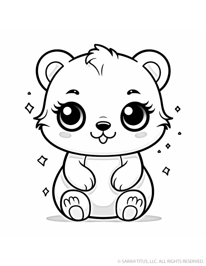 Cute polar bear coloring page with a seated baby bear, round ears, tiny tongue, paw pads, enormous sparkling eyes and twinkling stars around it