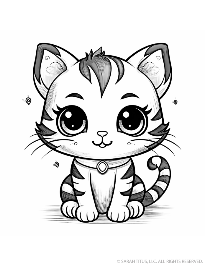 Cute cat coloring page with a seated tabby kitten, striped face and legs, curled striped tail, collar and tag, long whiskers and enormous eyes