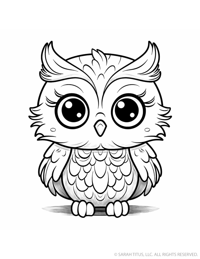 Woodland owl coloring page with a fluffy baby owl perched upright, huge round eyes, feathered ear tufts and layers of detailed chest feathers