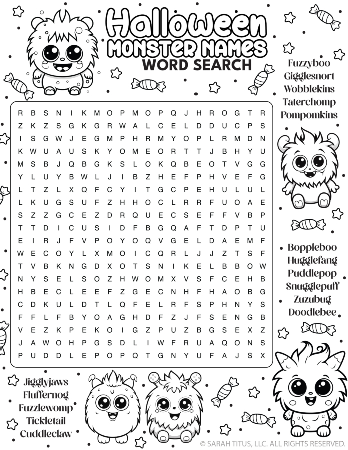 Halloween Monster Names word search printable in black and white with cute big eyed monsters, candy and stars, a large letter grid, and a list of silly monster name words to find.