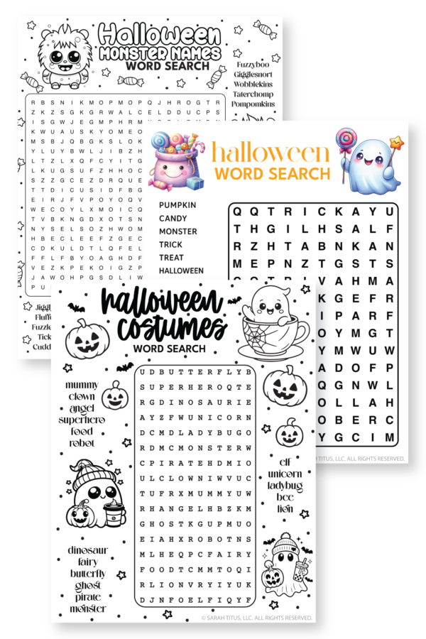 Cute Halloween word search printable bundle preview with three pages including Halloween monster names word search, Halloween word search with kawaii ghost, and Halloween costumes word search with pumpkins and spooky doodles
