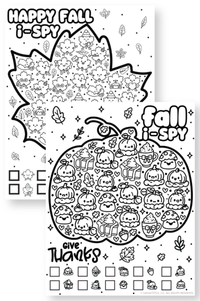 Mockup of two free printable fall I-Spy games, including a happy fall leaf themed page and a give thanks pumpkin themed page in black and white.