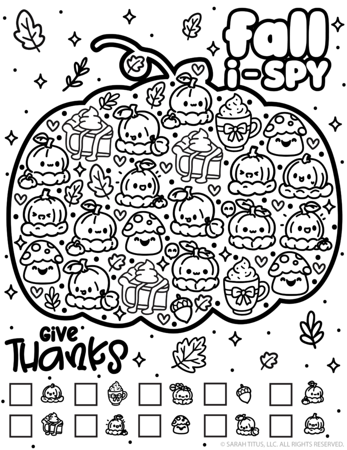 Free printable fall I-Spy game with cute kawaii pumpkins, mushrooms, acorns, mugs, and autumn leaves in a black and white coloring page design.