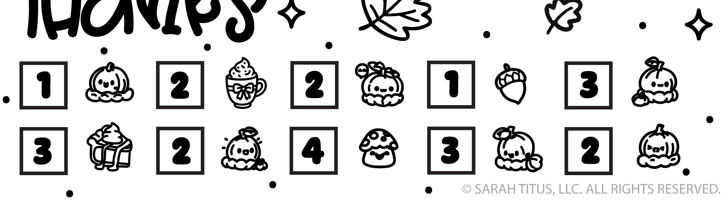 Answer key for the free printable fall pumpkin I-Spy game showing the totals for each pumpkin, mug, mushroom, and acorn icon.