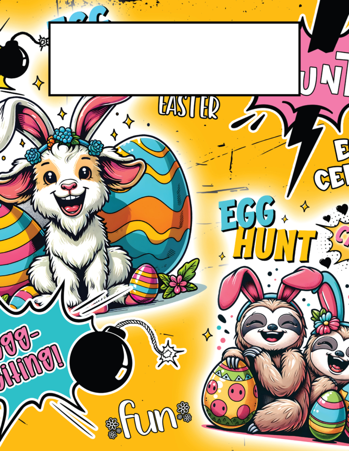 Bright yellow folder cover with an adorable sloth and goat with bunny ears getting in on the Easter action.