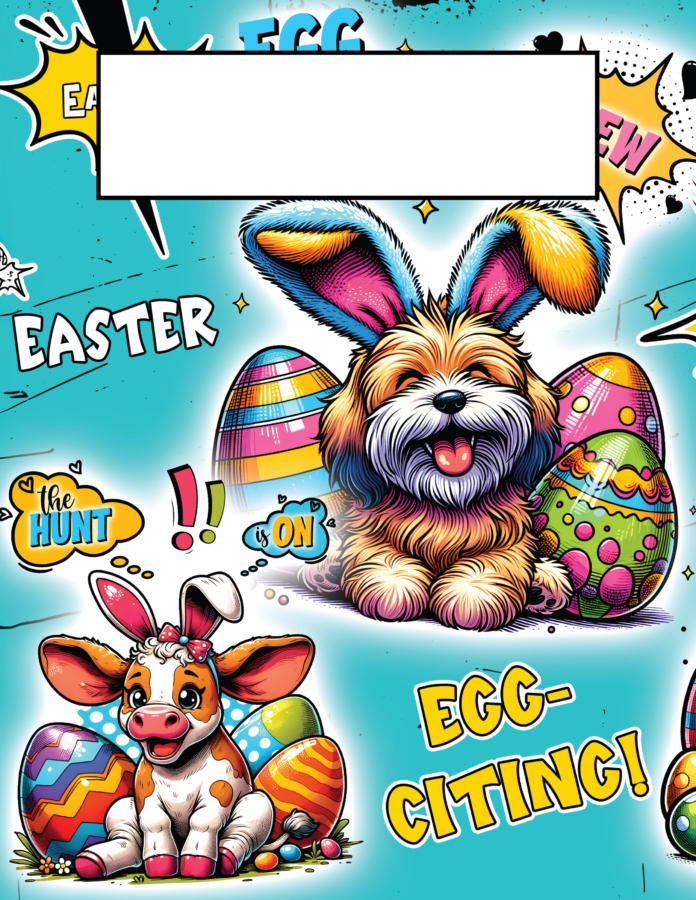 Vibrant blue background highlighting a fluffy puppy and a sweet little cow wearing bunny ears.