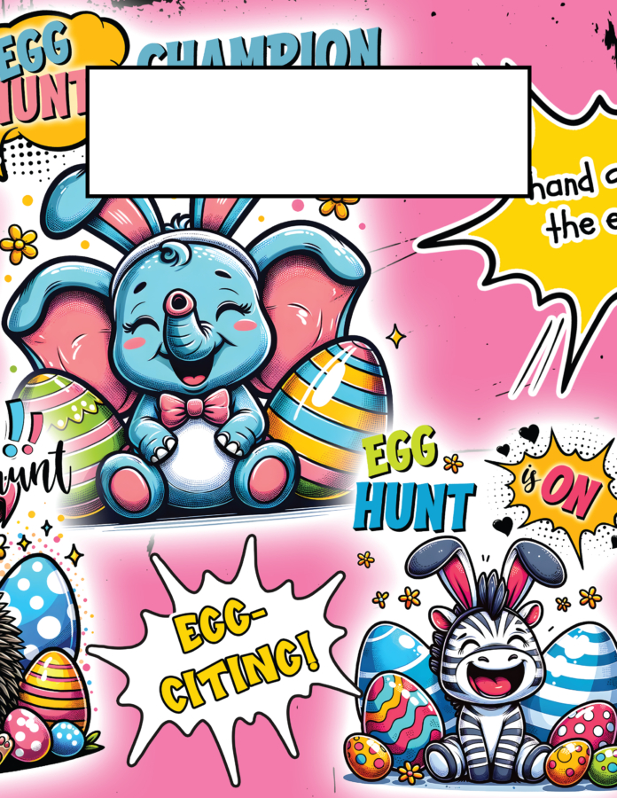 Comic-themed printable starring a baby elephant and a laughing zebra surrounded by colorful eggs.