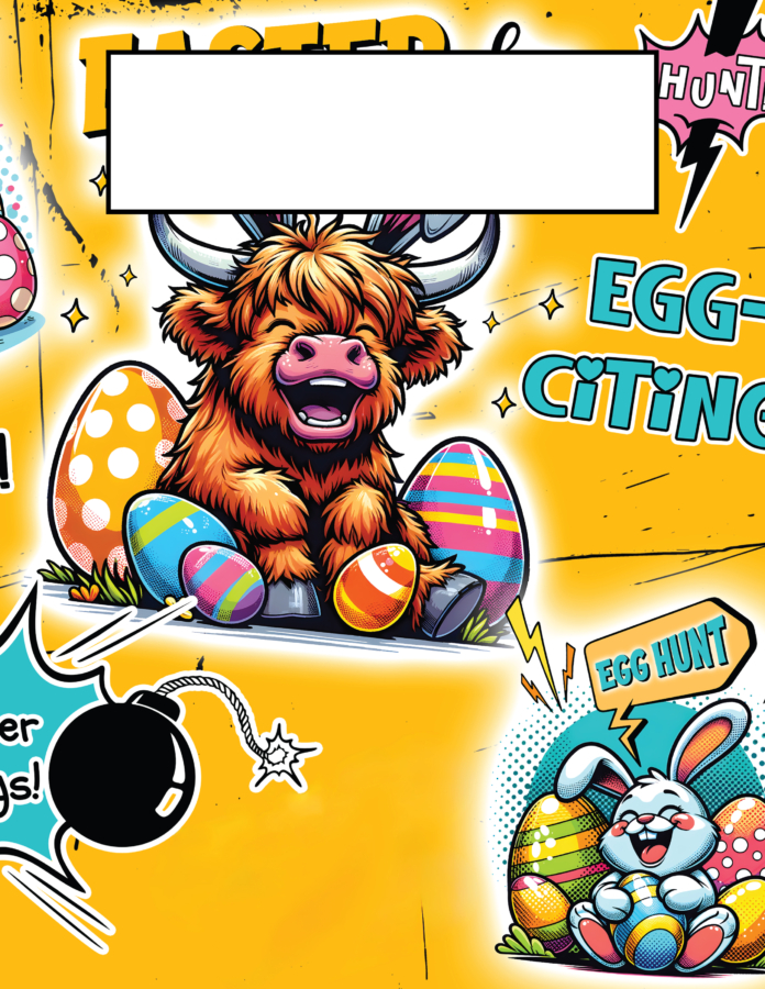 Yellow explosive design showcasing an adorable highland cow and a classic bunny ready for the hunt.