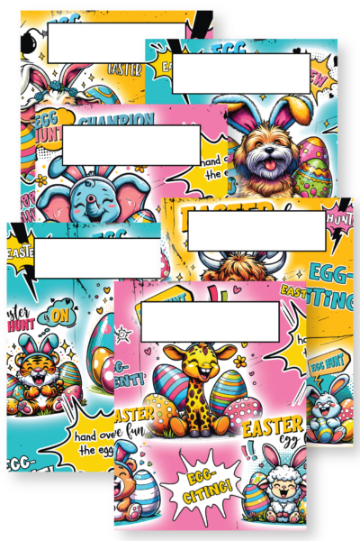 A collage of six free printable comic-style Easter binder covers. They've got bright pop-art backgrounds in pink, yellow, and blue, featuring cute animals like a giraffe, sloth, puppy, elephant, tiger, and highland cow wearing bunny ears, surrounded by decorated eggs and funny speech bubbles.