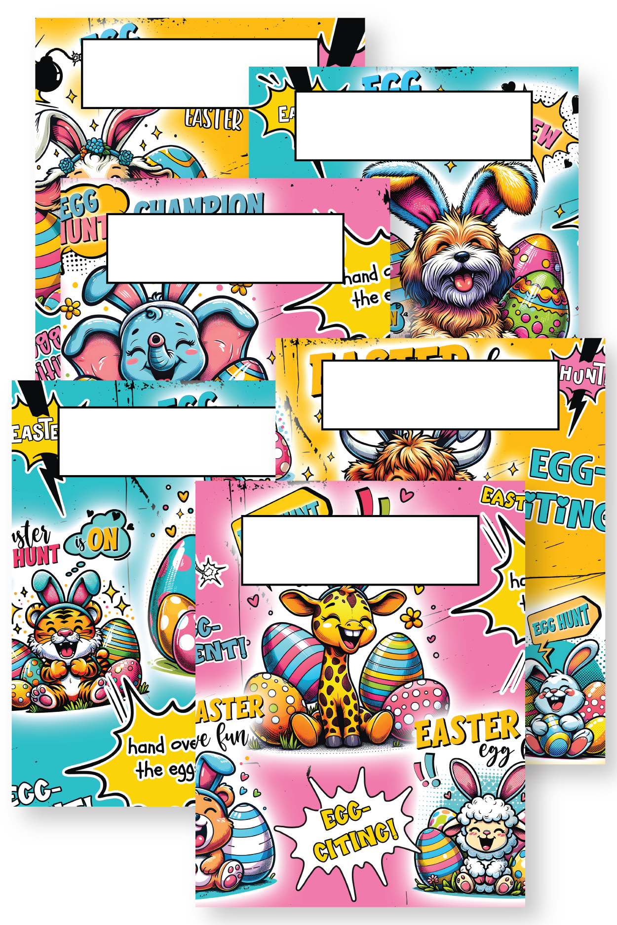 A collage of six free printable comic-style Easter binder covers. They've got bright pop-art backgrounds in pink, yellow, and blue, featuring cute animals like a giraffe, sloth, puppy, elephant, tiger, and highland cow wearing bunny ears, surrounded by decorated eggs and funny speech bubbles.