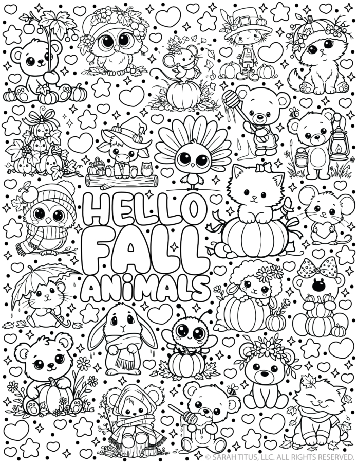 Free printable hello fall animals coloring page featuring cute autumn creatures, a turkey, and pumpkins.