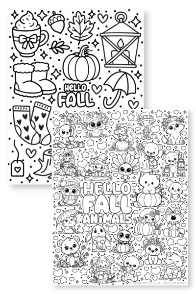 Two overlapping black and white coloring pages for the file Hello Fall Coloring Pages Free Printables. The top page features fall elements like a pumpkin lantern boots and a warm drink with the text Hello Fall. The bottom page features cute animals including bears cats and owls with pumpkins and the text Hello Fall Animals.