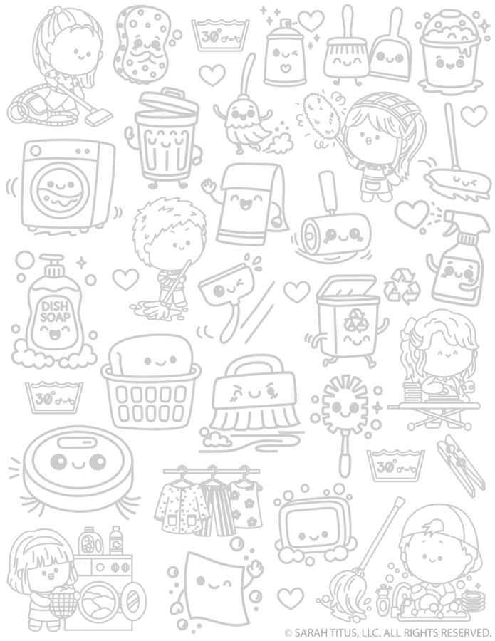 Cute cleaning hand lettering doodles printable with laundry, mop, broom, dustpan, sponge, dish soap, spray bottle, vacuum, washing machine, recycling bin, and tidy home icons