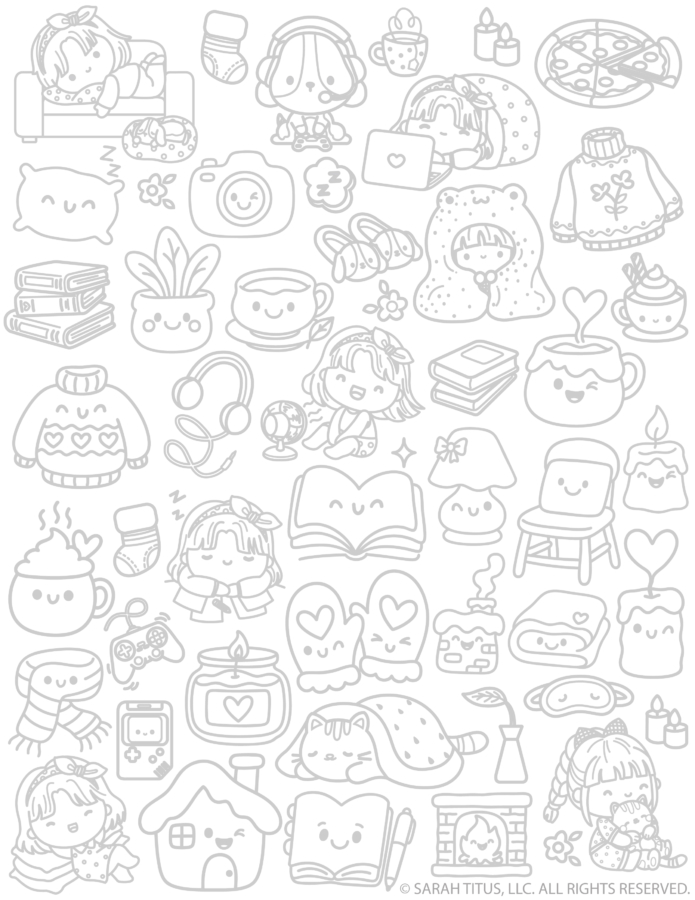 Cute cozy home hand lettering doodles printable with warm drinks, books, candles, blankets, pajamas, fireplace, plants, comfy chair, pizza, and relaxing at home icons