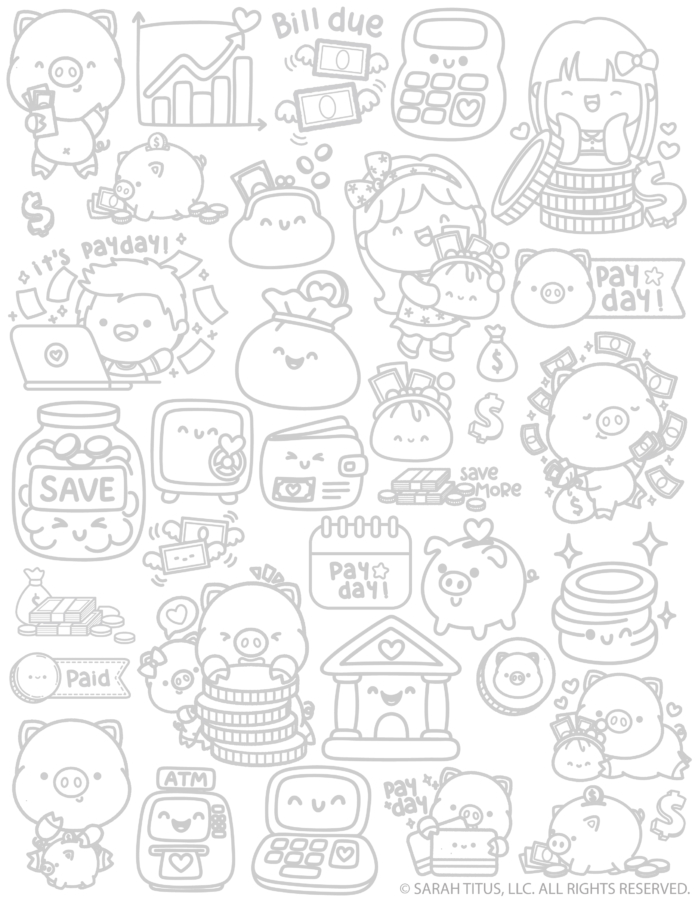 Cute kawaii money hand lettering doodles printable with piggy banks, cash, coins, bill due, payday, ATM, wallet, calculator, savings jar, and bank icons