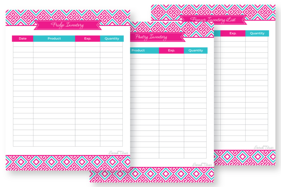 Fridge freezer and pantry inventory list printable pages with pink and teal patterned borders and columns for product expiration date and quantity