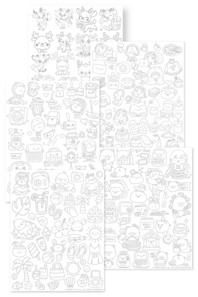 Collage of five free printable hand lettering doodles practice sheets featuring cozy home, money, cleaning, reindeer, and summer kawaii icons