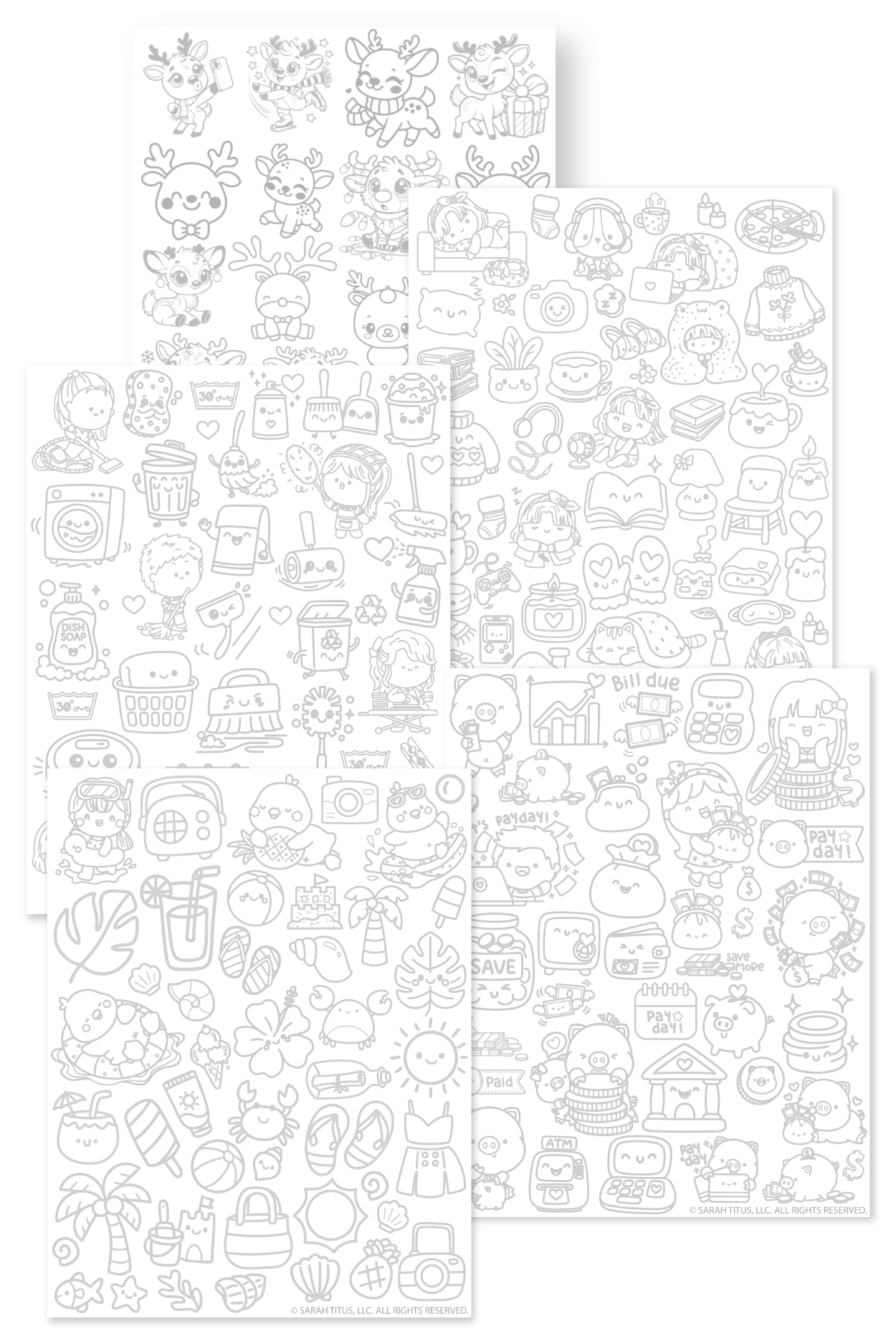 Collage of five free printable hand lettering doodles practice sheets featuring cozy home, money, cleaning, reindeer, and summer kawaii icons