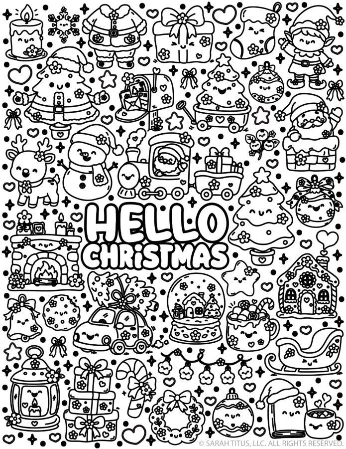 Hello Christmas coloring page featuring Santa, an elf, reindeer, snowman, Christmas tree, gifts, ornaments, gingerbread house, and other cute holiday images.