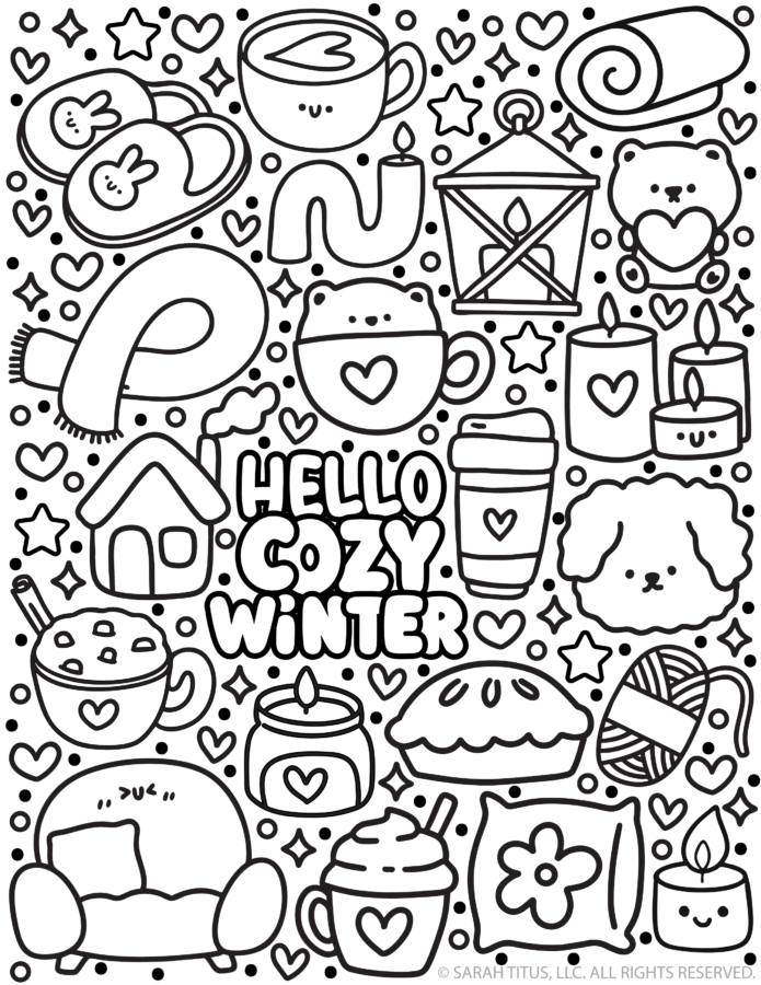 Black and white Hello Cozy Winter coloring page with kawaii winter doodles including mugs of cocoa, candles, scarf, mittens, yarn, cozy couch, pie, lantern, and hearts.