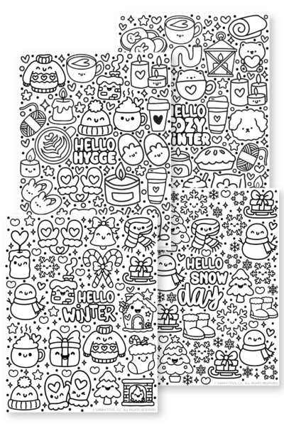 Black and white preview of four free printable winter coloring pages featuring Hello Hygge, Hello Cozy Winter, Hello Winter, and Hello Snow Day with cute winter doodles, snowflakes, cozy drinks, mittens, gifts, and snowmen.