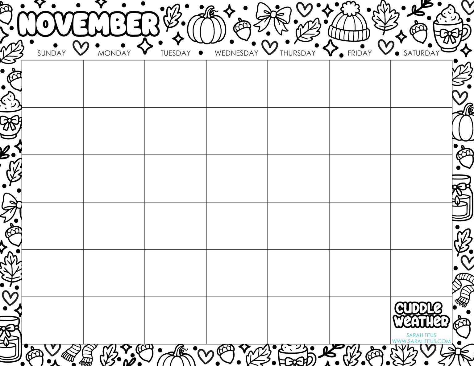 Free Printable November Calendar Coloring Page - Sarah Titus