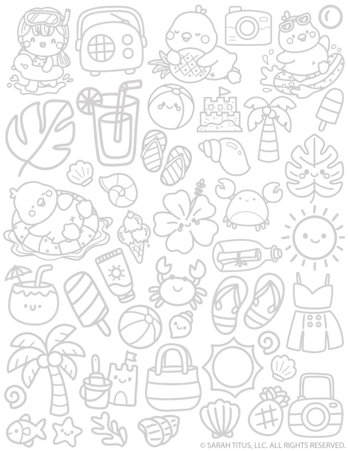 Summer hand lettering doodles printable with beach icons like pineapple, camera, flip flops, palm tree, sun, seashells, popsicles, and swimsuit