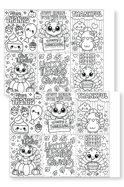 Sheet of Thanksgiving turkey thank you cards for kids to color, featuring pies, pumpkins, leaves, and “Happy Thanksgiving” text