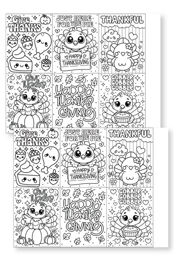 Sheet of Thanksgiving turkey thank you cards for kids to color, featuring pies, pumpkins, leaves, and “Happy Thanksgiving” text