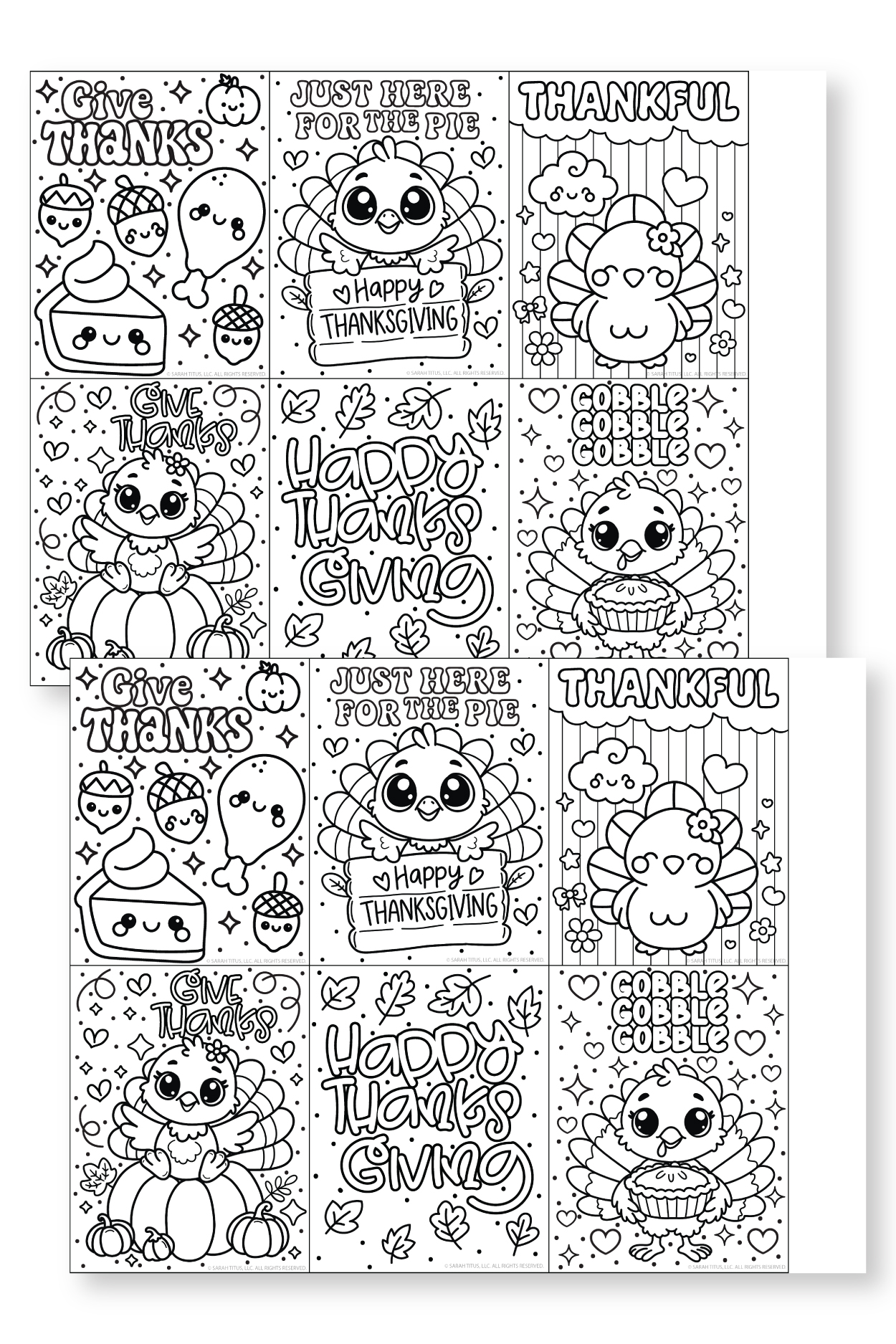 Sheet of Thanksgiving turkey thank you cards for kids to color, featuring pies, pumpkins, leaves, and “Happy Thanksgiving” text