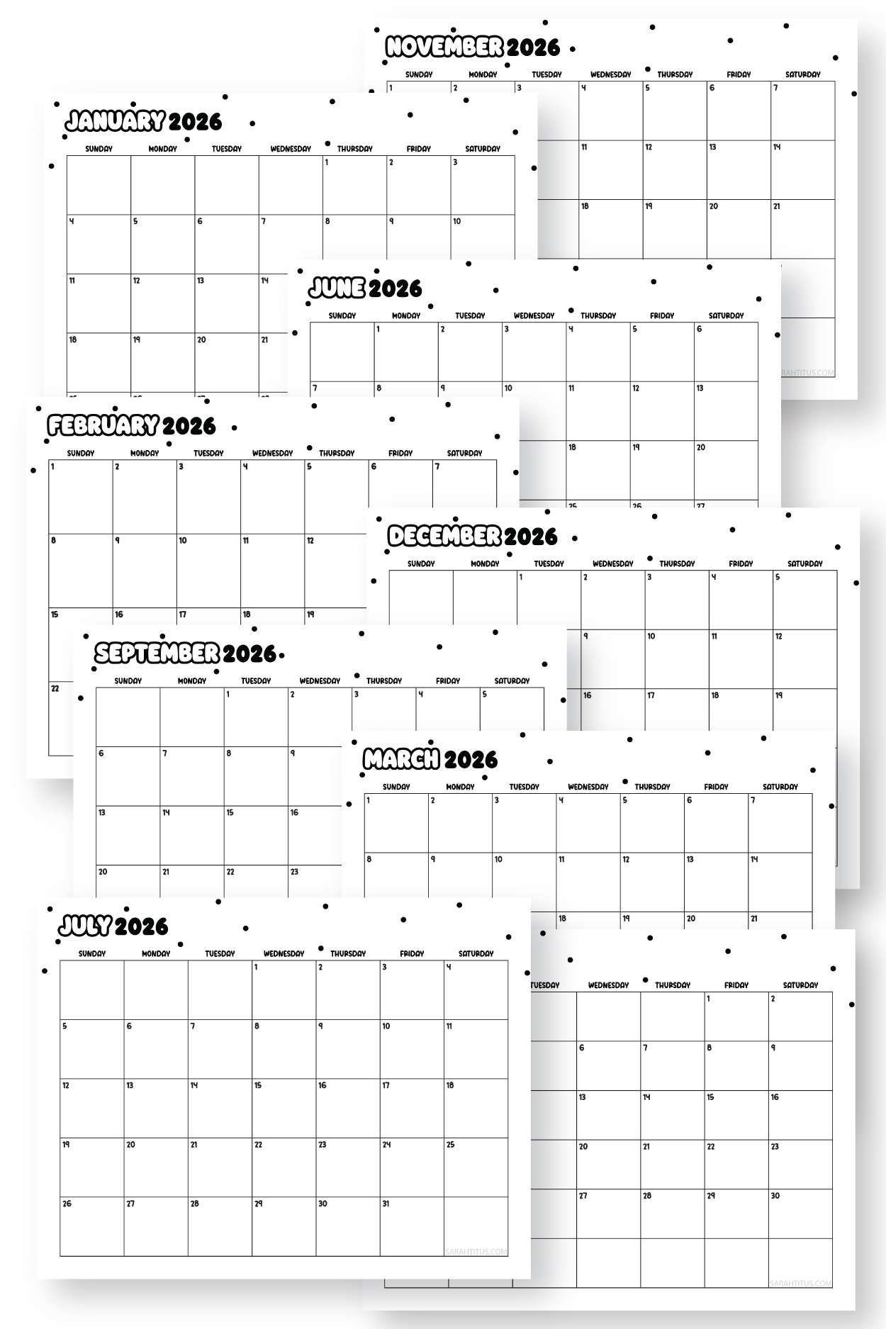 Kawaii Free Printable 2026 Calendars (Colorable 12-Month Monthly Pages ...