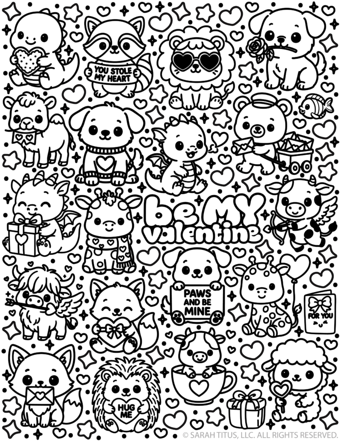 Be My Valentine Coloring Page.jpg displays a black and white Valentines Day printable coloring page featuring a dense doodle pattern of cute animals, hearts, stars, and the words be my valentine in the center.